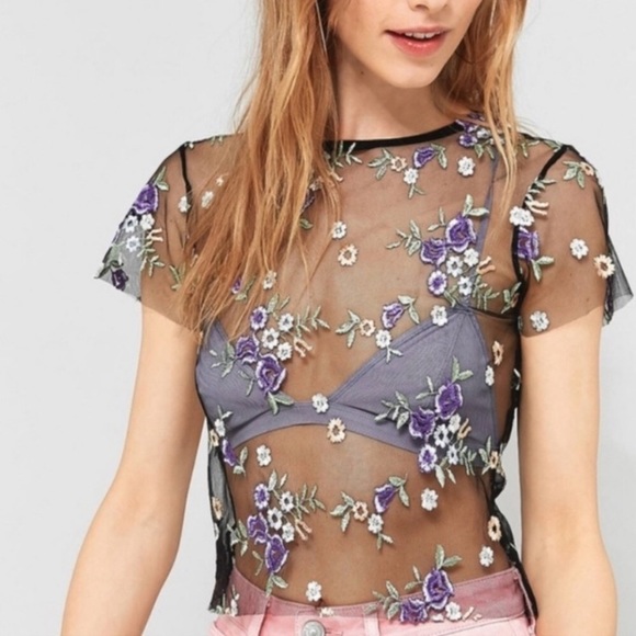 Urban Outfitters Tops - UO Kimchi Blue floral embroidered mesh top sz L